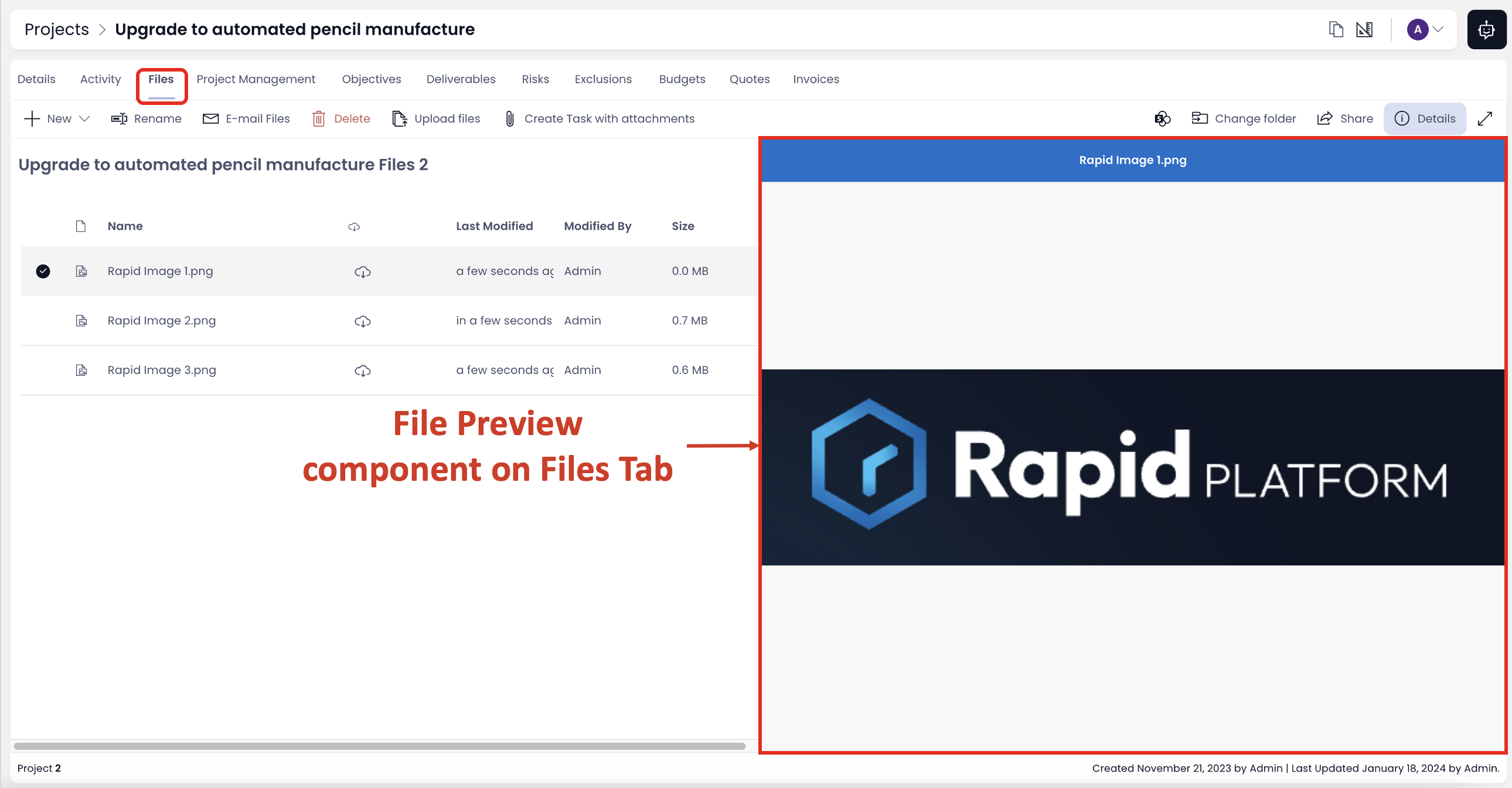 A screenshot of the file preview component on the files tab. The screenshot is annotated in red. A label that reads &quot;File Preview component on Files Tab&quot; points towards the component, which is also annotated with a red box surrounding it. Inside the file previewer is the Rapid Platform logo.